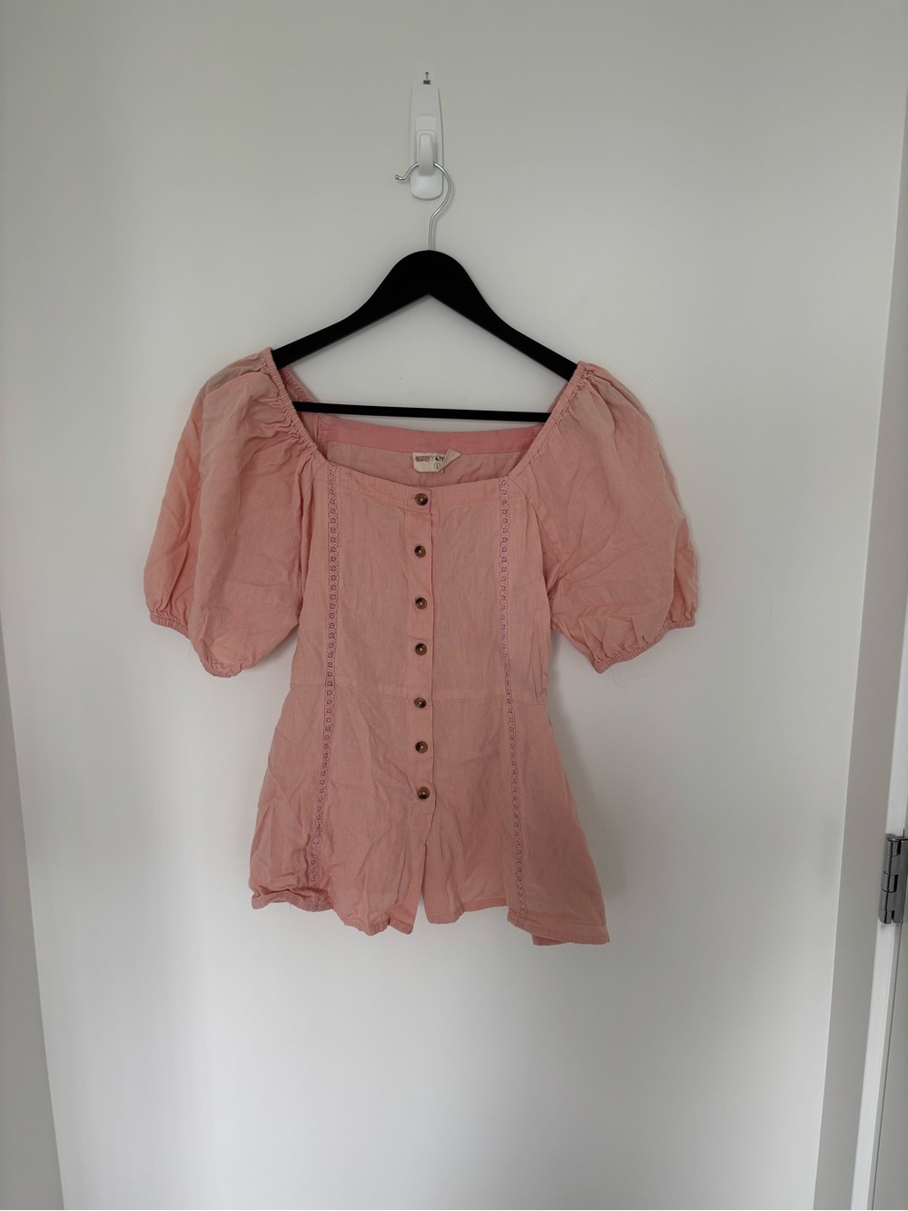 Bombay & Paisley Pink Linen Blend Puff Sleeve Tie Back Top – Size L